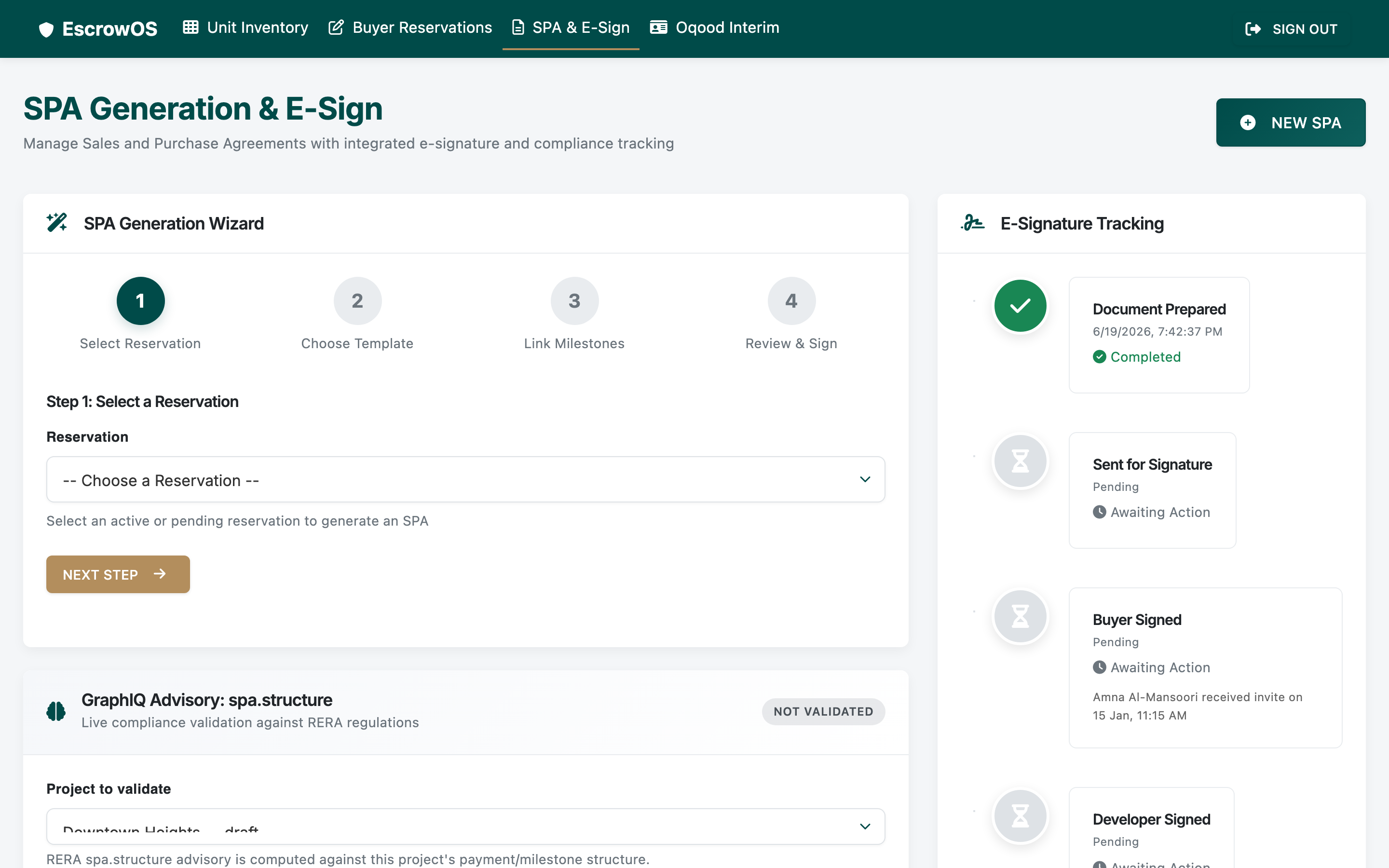 EscrowOS SPA generation and e-signature workspace
