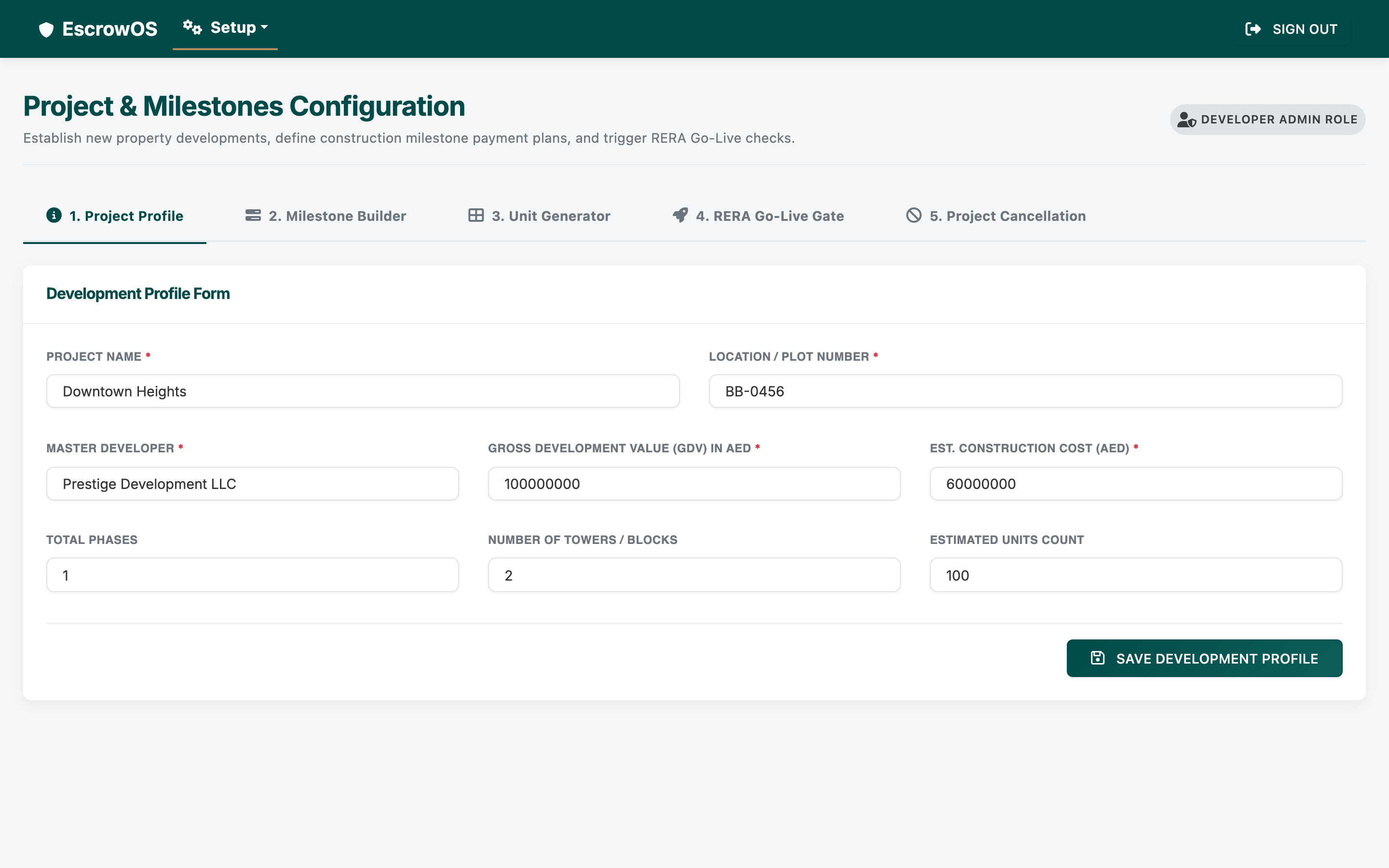 EscrowOS project and milestones configuration with go-live gating